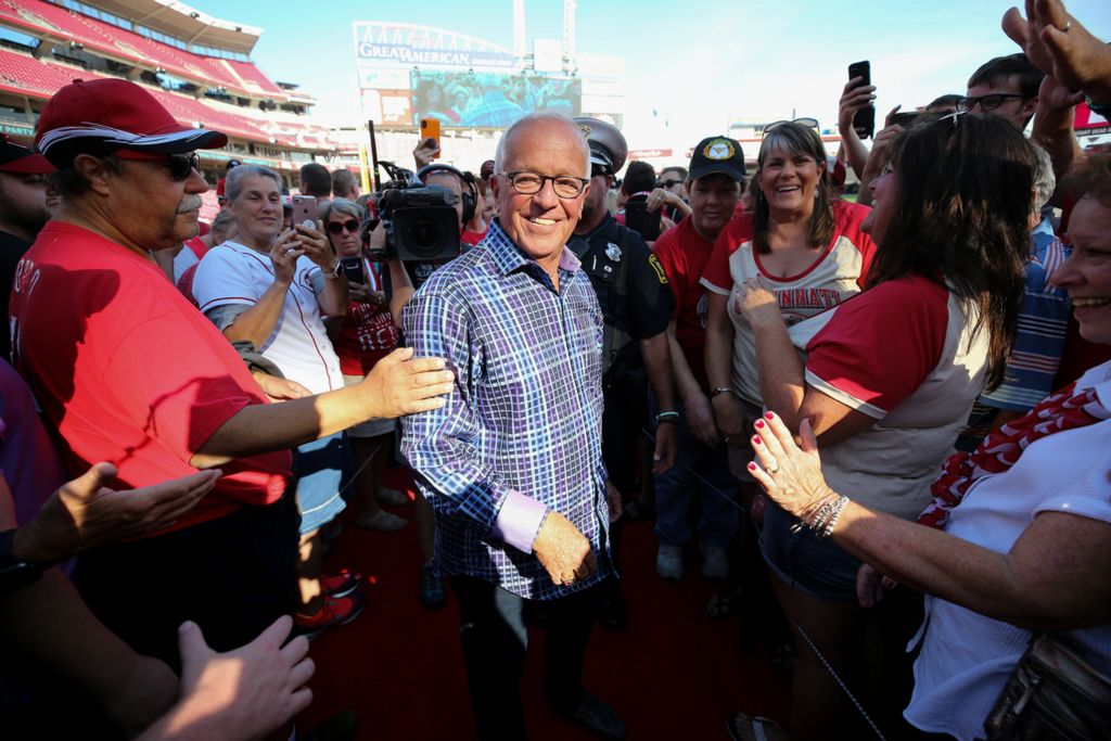 Third Place, Sports Picture Story - Kareem Elgazzar / The Cincinnati Enquirer, “Marty Brennaman's Last Day”Cincinnati Reds Hall of Fame broadcaster Marty Brennaman shakes hands with fans during postgame ceremonies on his last day before he retires after 46 years in the booth, Thursday, Sept. 26, 2019, at Great American Ball Park in Cincinnati. 