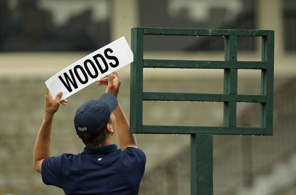 Second Place, Team Picture Story - Kyle Robertson / The Columbus Dispatch, “Tiger”Tiger Woods name plate is placed on the lineup sign on the tenth teebox during the 1st round of the Memorial Tournament at Muirfield Village Golf Club in Dublin on May 30, 2019. 