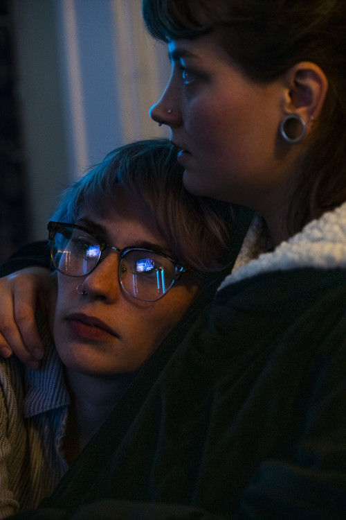 Second Place, Election 2020 - Laura Bilson / Ohio University, “Election Anxiety”Cassie Cotter and Aleah Tober hold each other as they watch CNN's post-election coverage in Cotter's home in Athens, Nov. 5, 2020. Cotter has waited anxiously for the 2020 Presidential Election results to come in, keeping a handwritten chart of the electoral college results in each state. Cotter said the stress of not knowing was mentally exhausting. "It really hasn't been good for my mental health," says Cotter. "Aleah's really great at trying to keep my mind off it though."