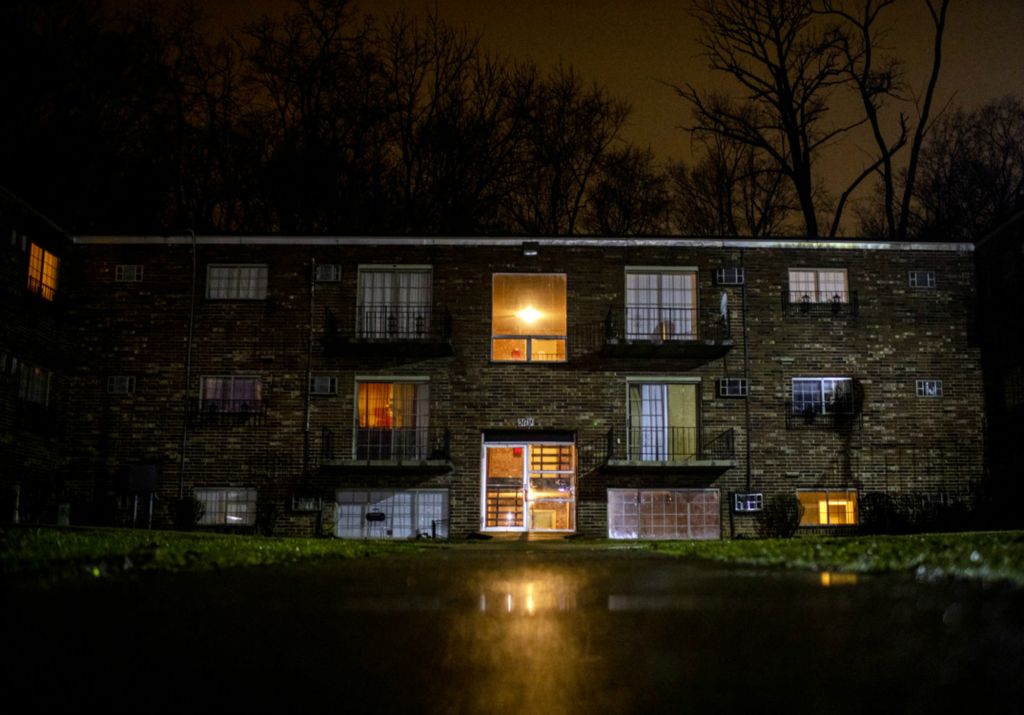 Award of Excellence, Feature Picture Story - Meg Vogel / The Cincinnati Enquirer, “Renters”The lights outside Page Berry's apartment complex glow on Wednesday, February 26, 2020 in Westwood.