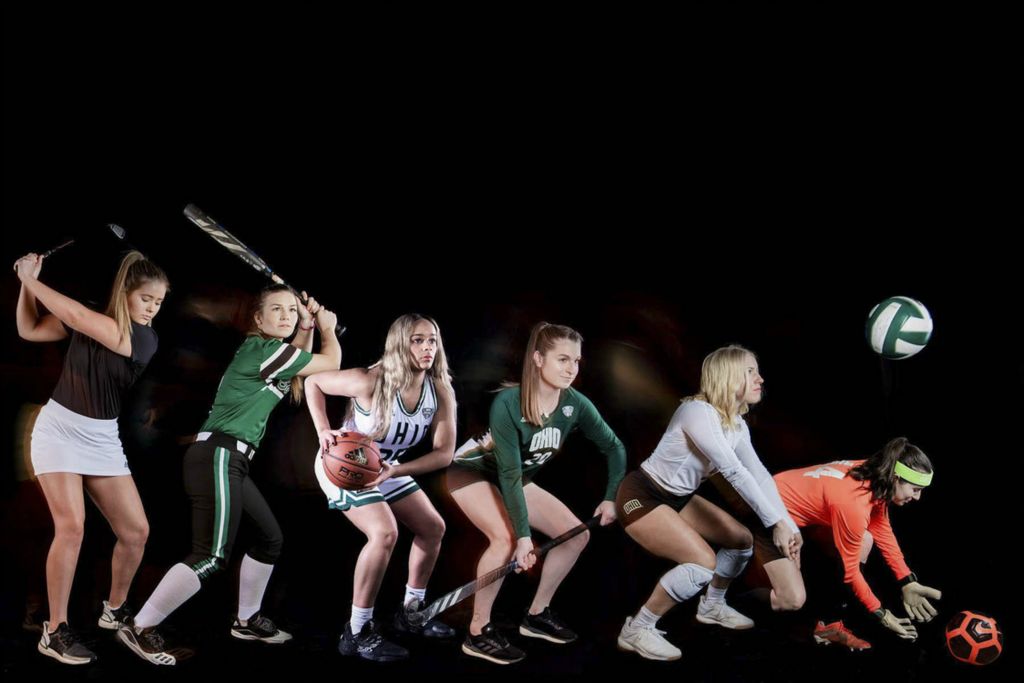 Third Place, Issue Illustration - Abigail Dean / Ohio University, “Women in Sports”From left to right, Alicia Porvasnik, Alexa Holland, Hunter Rogan, Karynne Baker, Emily Walsh and Sydney Malham pose for portraits to celebrate 2020 National Girls and Women in Sports Day.