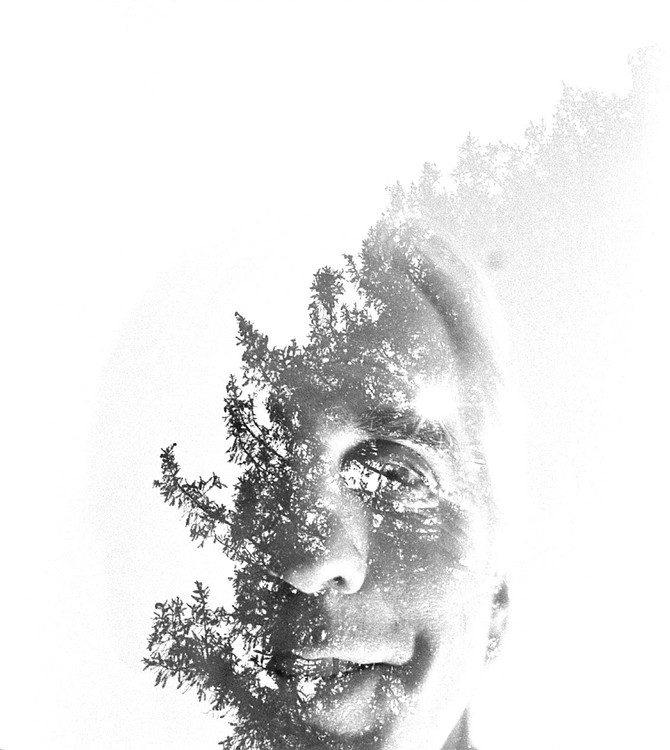 First Place, Issue Illustration - Joe Timmerman / Ohio University, “Dan and the Cedar”Dan Timmerman is double exposed with the sun setting behind an old cedar tree in his backyard in Loveland, Ohio, on April 19, 2020. Although the COVID-19 pandemic caused quarantine and social distancing, this double exposure illustrates something we still have. 