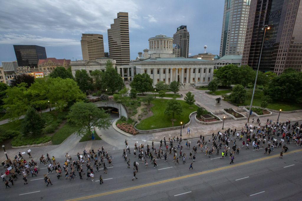 First Place, James R. Gordon Ohio Understanding Award - Adam Cairns / The Columbus Dispatch, “Political Climate of Southeast Ohio”Hundreds of demonstrators march down Broad Street during a George Floyd protest in Columbus on Wednesday, June 3, 2020. 