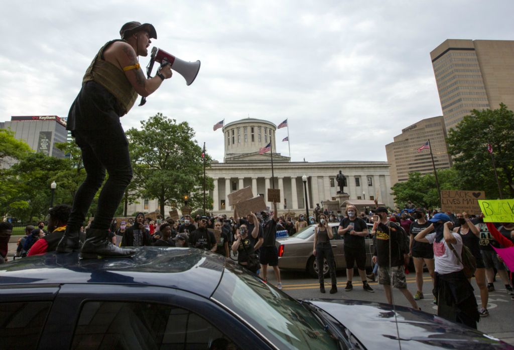 First Place, James R. Gordon Ohio Understanding Award - Adam Cairns / The Columbus Dispatch, “Political Climate of Southeast Ohio”Daniel Crumpler, 26, of Linden yells to a crows blocking High Street in front of the Ohio Statehouse during a protest for racial justice Downtown on Thursday, June 4, 2020. 