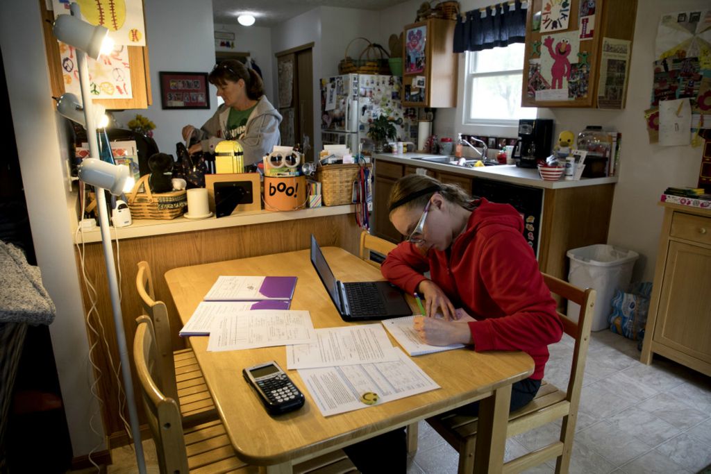 First Place, George S. Smallsreed Jr. Photographer of the Year - Small Market - Jessica Phelps / Newark AdvocateKatie Chittum, pitcher for Lakewood softball, studies for her AP exam at home on May 1, 2020. As schools shut down students were forced to work online in their homes.