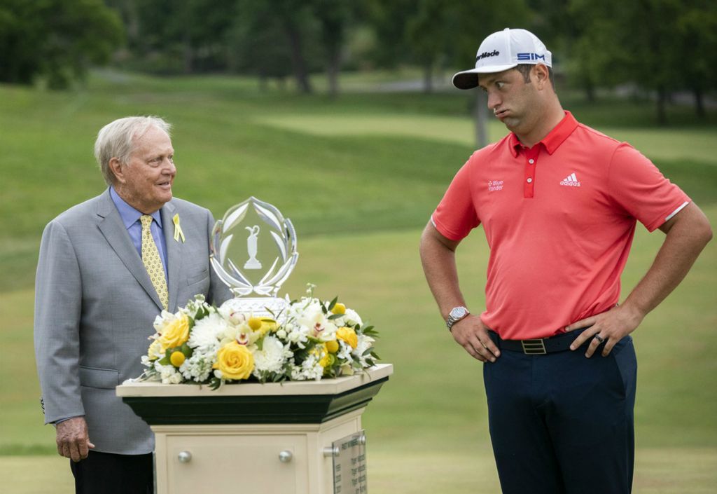 Third Place, Ron Kuntz Sports Photographer of the Year - Adam Cairns / The Columbus DispatchJack Nicklaus and winner Jon Rahm chat about his final round of the Memorial Tournament at Muirfield Village Golf Club in Dublin, Ohio on Sunday, July 19, 2020. 