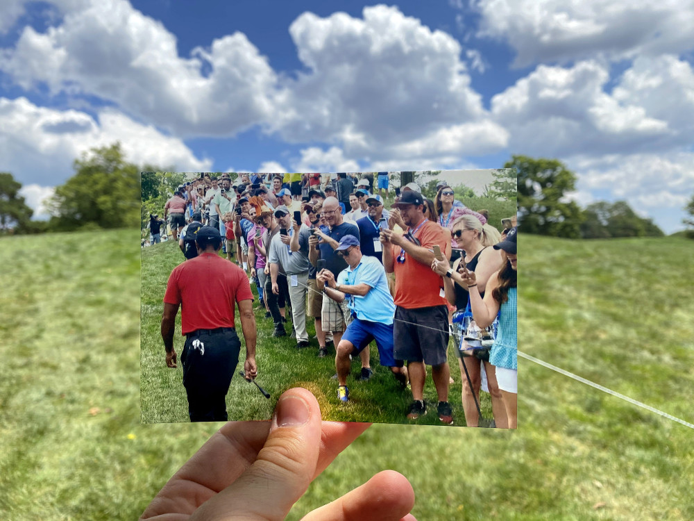 Third Place, Ron Kuntz Sports Photographer of the Year - Adam Cairns / The Columbus DispatchA photo of spectators watching Tiger Woods on the way up the hill to the 3rd green from the 2019 Memorial Tournament is held in the same spot it was taken one year later at the 2020 tournament being played without spectators due to COVID-19 at Muirfield Village Golf Club in Dublin, Ohio.  