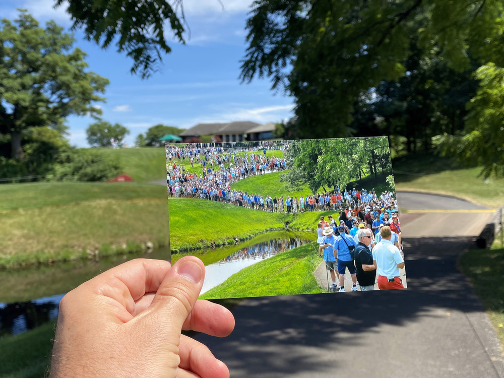 Third Place, Ron Kuntz Sports Photographer of the Year - Adam Cairns / The Columbus DispatchA photo of spectators from the 2019 Memorial Tournament lined up to cross the bridge at the 10th hole is held in the same spot it was taken one year later at the 2020 tournament being played without spectators due to COVID-19 at Muirfield Village Golf Club in Dublin, Ohio.  