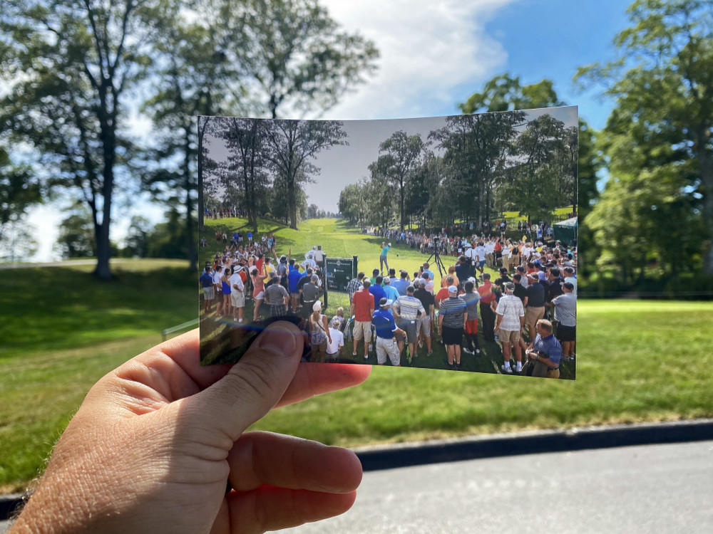 Third Place, Ron Kuntz Sports Photographer of the Year - Adam Cairns / The Columbus DispatchA photo of spectators from the 2019 Memorial Tournament around the 15th tee box is held in the same spot it was taken one year later at the 2020 tournament being played without spectators due to COVID-19 at Muirfield Village Golf Club in Dublin, Ohio.  