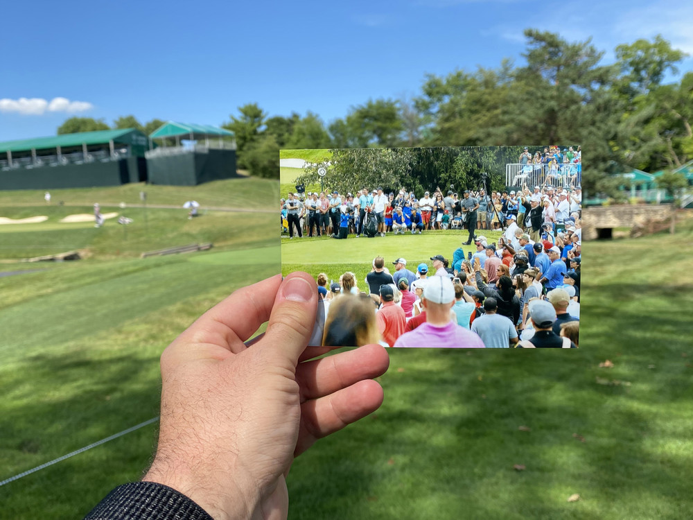 Third Place, Ron Kuntz Sports Photographer of the Year - Adam Cairns / The Columbus DispatchA photo of spectators from the 2019 Memorial Tournament on holes 14 and 15 is held in the same spot it was taken one year later at the 2020 tournament being played without spectators due to COVID-19 at Muirfield Village Golf Club in Dublin, Ohio.  