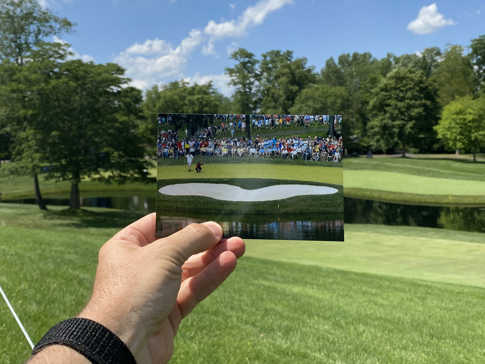 Third Place, Ron Kuntz Sports Photographer of the Year - Adam Cairns / The Columbus DispatchA photo of spectators from the 2019 Memorial Tournament on the 6th hole is held in the same spot it was taken one year later at the 2020 tournament being played without spectators due to COVID-19 at Muirfield Village Golf Club in Dublin, Ohio.  