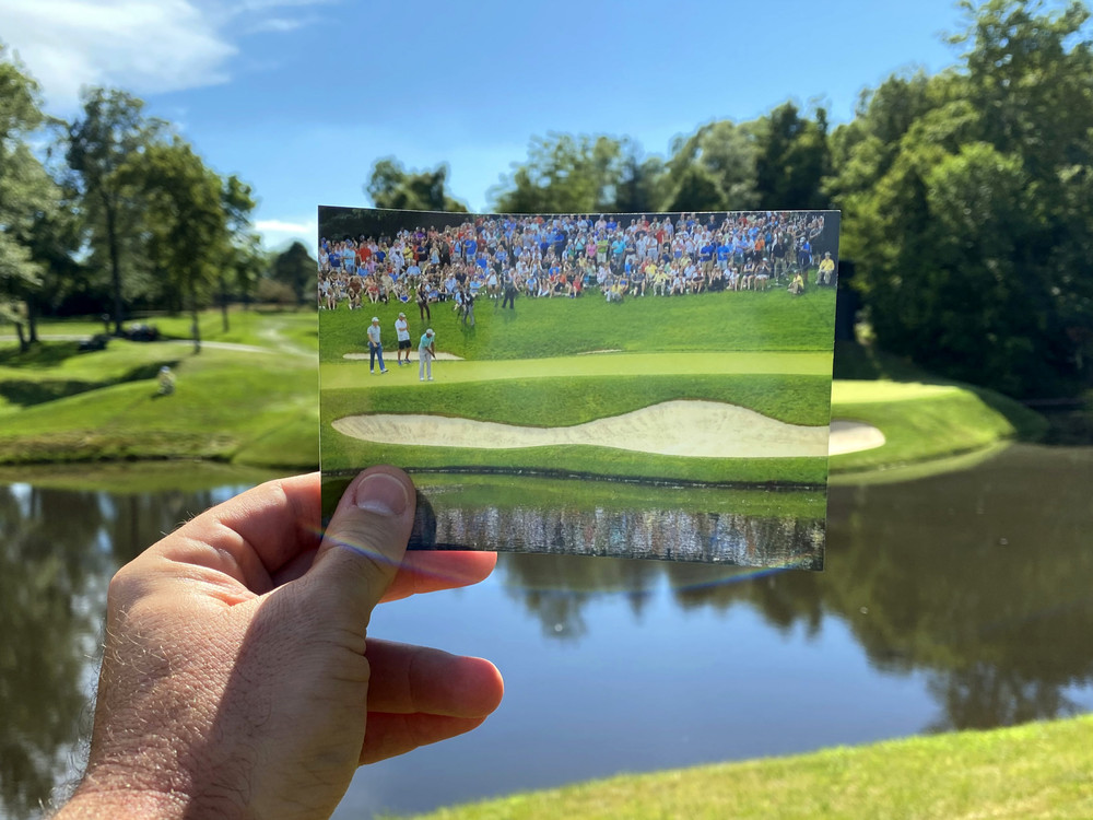 Third Place, Ron Kuntz Sports Photographer of the Year - Adam Cairns / The Columbus DispatchA photo of spectators on the 12th green from the 2019 Memorial Tournament is held in the same spot it was taken one year later at the 2020 tournament being played without spectators due to COVID-19 at Muirfield Village Golf Club in Dublin, Ohio.  