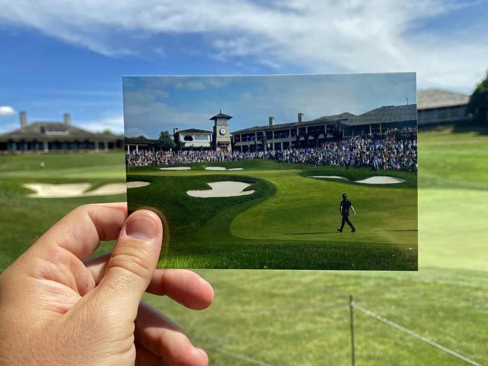 Third Place, Ron Kuntz Sports Photographer of the Year - Adam Cairns / The Columbus DispatchA photo of spectators from the 2019 Memorial Tournament watching Patrick Cantlay head up the 18th fairway is held in the same spot it was taken one year later at the 2020 tournament being played without spectators due to COVID-19 at Muirfield Village Golf Club in Dublin, Ohio.  