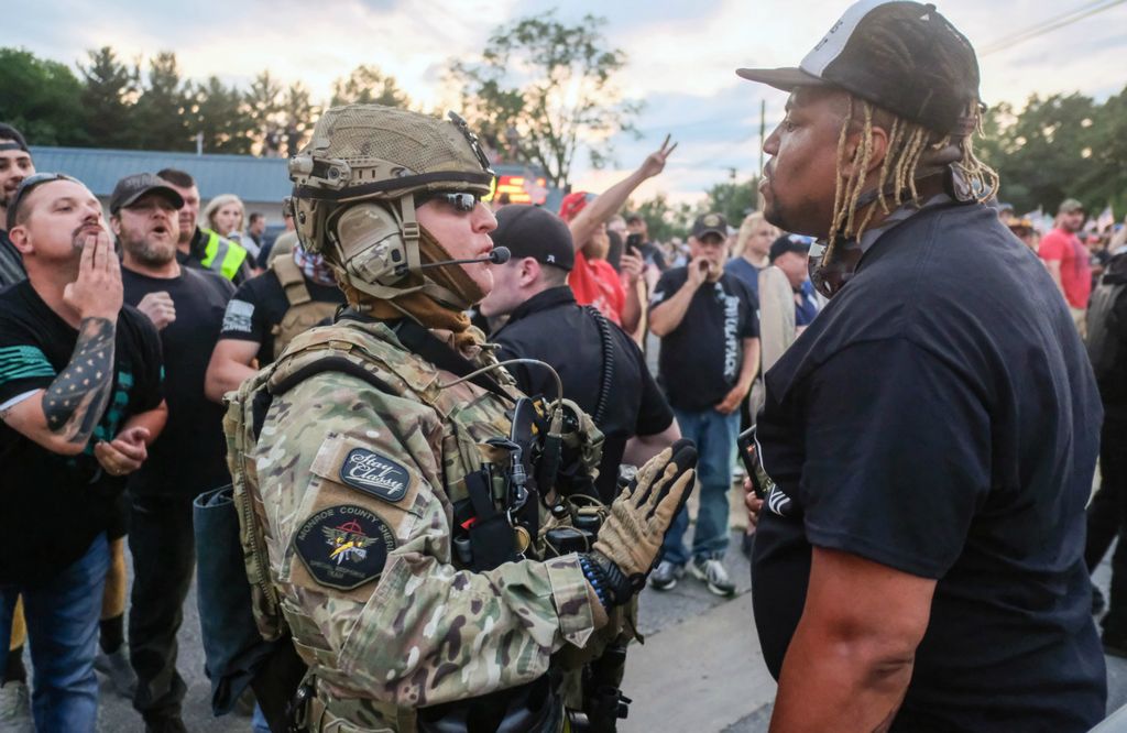 Second Place, Team Picture Story - Jeremy Wadsworth / The Blade, “Protests Erupt”Following the death of George Floyd at the hands of a Minneapolis police officer, protests erupted across the country. The demonstrations went on for weeks in cities small and large. A member of the Monroe County, Mich. Sheriff’s Special Response separates Black Lives Matter protester Julian Mack, right, from counter protesters during a Hi-Frequency demonstration in Lambertville, Michigan.