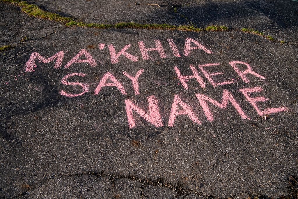 First place, News Picture Story - Gaelen Morse / Reuters, "Ma’Khia Bryant "A chalk statement at a vigil for Ma’Khia Bryant in Columbus.
