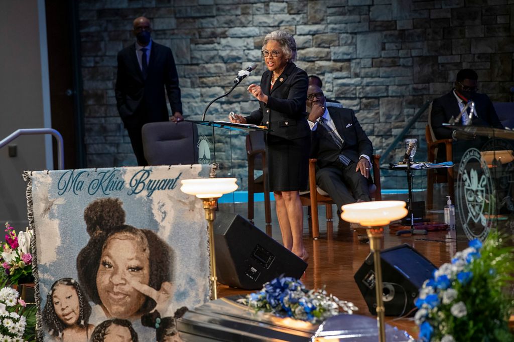 First place, News Picture Story - Gaelen Morse / Reuters, "Ma’Khia Bryant "Rep. Joyce Beatty speaks at the funeral of 16-year-old Ma'Khia Bryant, a Black teenage girl fatally shot by police, in Columbus on April 30, 2021. 