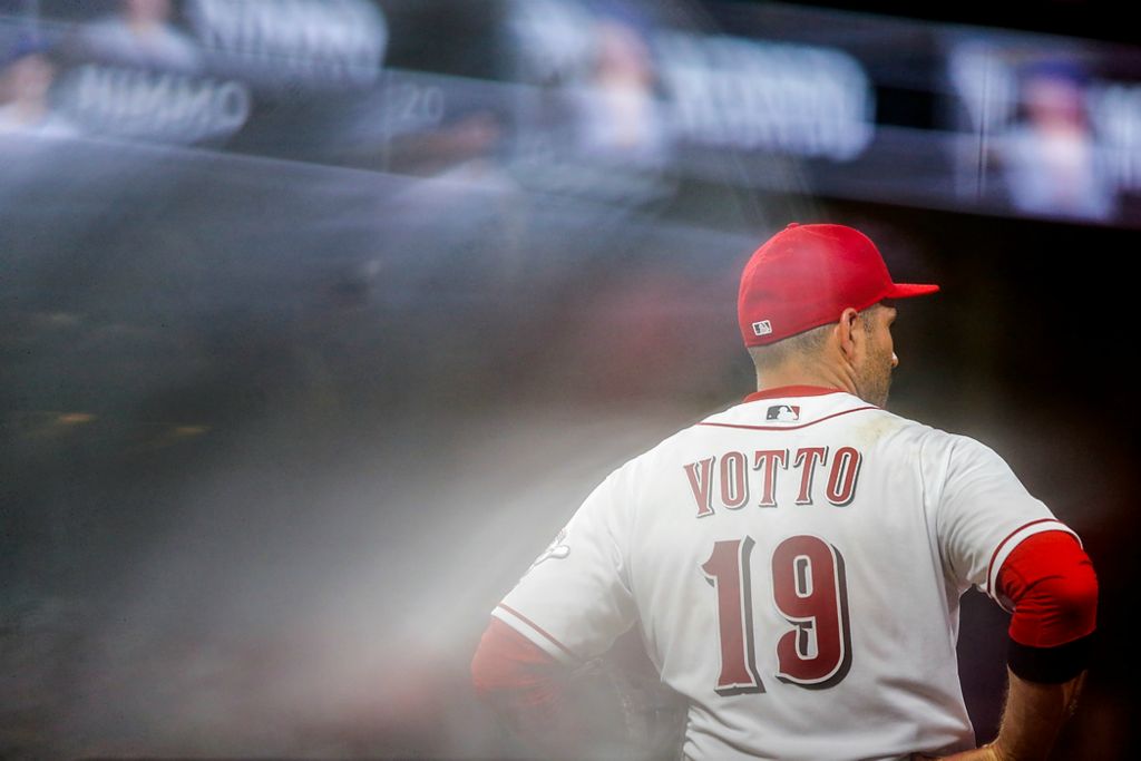 Second place, Photographer of the Year - Large Market - Meg Vogel / The Cincinnati EnquirerCincinnati Reds first baseman Joey Votto (19) stands at first base in the baseball game against the New York Mets, Monday, July 19, 2021 at Great American Ball Park in Cincinnati.