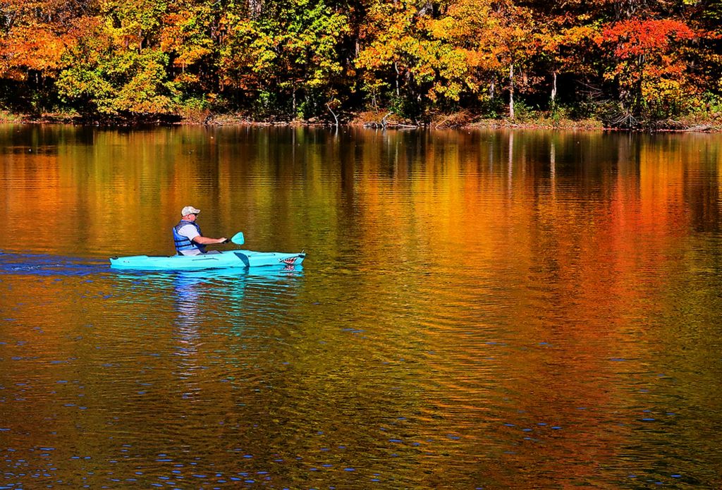 First place, Photographer of the Year - Small Market - Bill Lackey / Springfield News-SunDale Amsden glides across the fall colors reflected in Hosterman Lake at George Rogers Clark Park in his kayak Monday. Amsden had just got the kayak and was testing it out before taking it on a trip. 