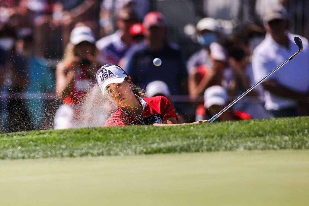 First place, Ron Kuntz Sports Photographer of the Year - Rebecca Benson / The BladeTeam USA’s Danielle Kang chips from the bunker on the fifth hole during the final round of the 2021 Solheim Cup at Inverness Club in Toledo on September 6, 2021. 