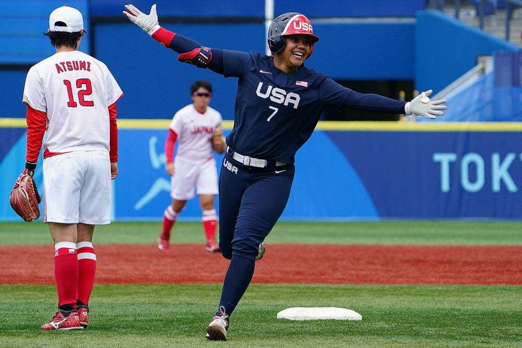 Third place, Ron Kuntz Sports Photographer of the Year - Kareem Elgazzar / The Cincinnati EnquirerTeam United States utility Kelsey Stewart (7) rounds the bases after hitting a walk-off home run in the seventh inning against Team Japan in the opening round softball game during the Tokyo 2020 Olympic Summer Games, July 26, 2021, at Yokohama Baseball Stadium in Yokohama, Japan.