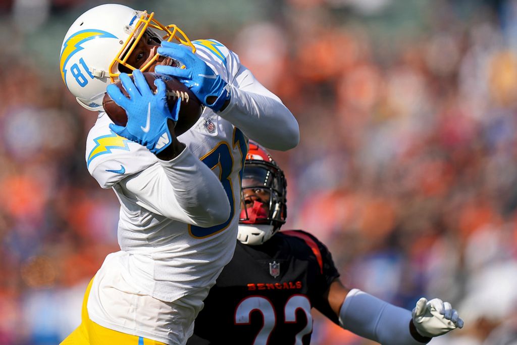 Third place, Ron Kuntz Sports Photographer of the Year - Kareem Elgazzar / The Cincinnati EnquirerLos Angeles Chargers wide receiver Mike Williams (81) catches a deep pass as Cincinnati Bengals cornerback Chidobe Awuzie (22) defends in the first quarter during a game on Dec. 5, 2021, at Paul Brown Stadium in Cincinnati. 