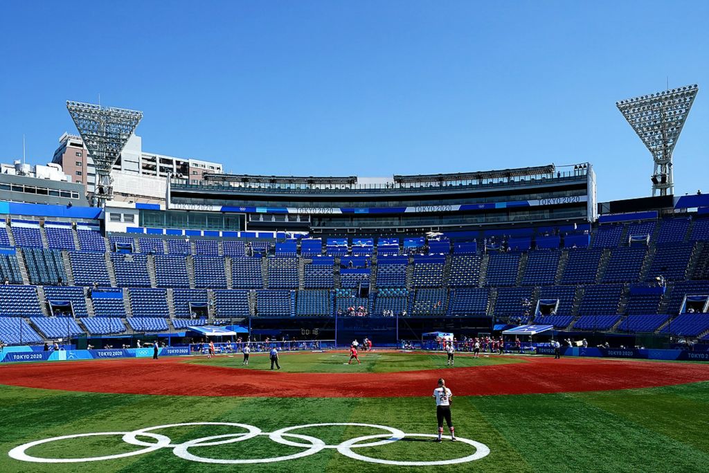 Second place, Sports Picture Story - Kareem Elgazzar / The Cincinnati Enquirer, “Olympic Softball”View of Yokohama Baseball Stadium from center field while Canada and Japan play during the round robin phase of the Tokyo 2020 Olympic Summer Games, July 26, 2021, at Yokohama Baseball Stadium. It was the first time in history the Olympic Games were not held in the year originally scheduled. No fans were permitted to attend games due to the coronavirus pandemic.