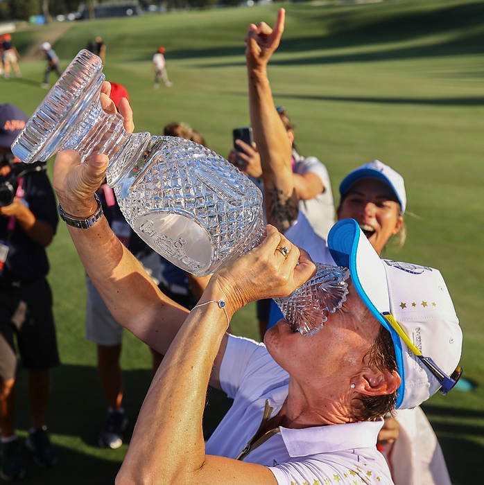 Award of Excellence, Sports Picture Story - Jeremy Wadsworth / The Blade, “Solheim Cup”Team Europe captain Catriona Matthew drinks champaign from the Solheim Cup after the final round of the Solheim Cup on September 6, 2021, at the Inverness Club in Toledo. 