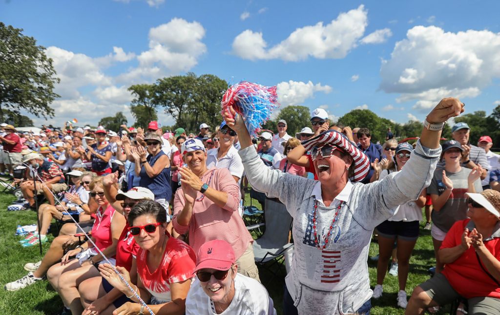 Award of Excellence, Sports Picture Story - Jeremy Wadsworth / The Blade, “Solheim Cup”Maria Kapsak of Wilmington, North Carolina, cheers for Team USA on the fifth hole during the second round of the Solheim Cup September 5, 2021, at the Inverness Club in Toledo. 