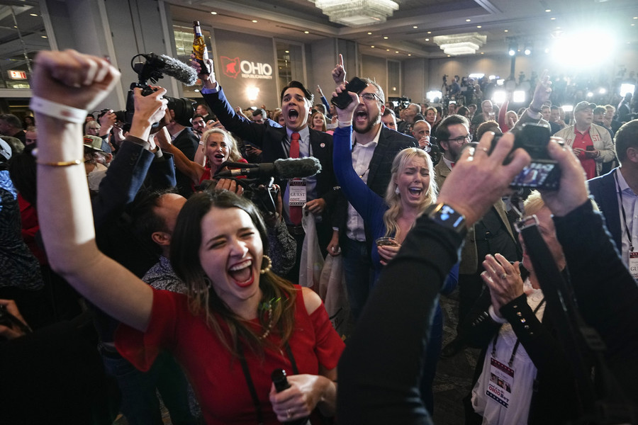 Photographer of the Year - Large Market - First Place, Adam Cairns / The Columbus DispatchSupporters cheer as J.D. Vance takes the stage for his victory speech during an election night party for Republican candidates for statewide offices at the Renaissance Hotel in downtown Columbus.  