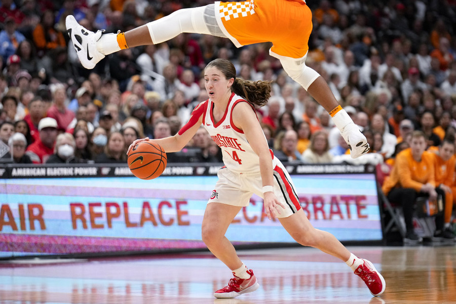 Photographer of the Year - Large Market - Award of Excellence, Joseph Scheller / Ohio UniversityTennessee guard Jordan Horston (25) attempts to block Ohio State  guard Taylor Mikesell (24) during the second half of a game at Value City Arena in Columbus. 