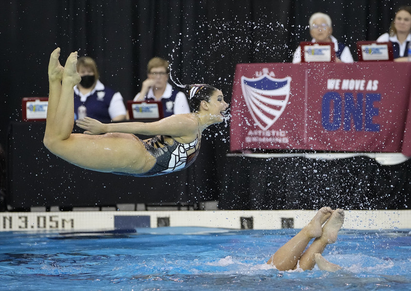 Ron Kuntz Sports Photographer of the Year - First Place The Ohio State Buckeyes compete their final team routine during the U.S. Collegiate Championship for artistic swimming at Ohio State's McCorkle Aquatics Pavilion.   (Adam Cairns / The Columbus Dispatch)