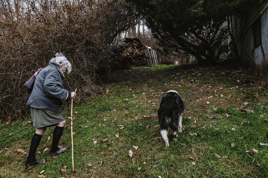 1st - Chuck Scott Student Photographer of the Year Susan "Susie" Rhea Abramovitz, 72, of Youngstown, Ohio walks up the grassy slope towards her house with her dog Sparky after leaving her studio Riffle Run Pottery in the unincorporated community of Shade, Ohio, on Saturday, December 2, 2023. "Sparky is a 100 years old, in human years. He's almost all blind and death and relies on his sense of smell to get around," Abramovitz revealed. (Loriene Perera / Ohio University)
