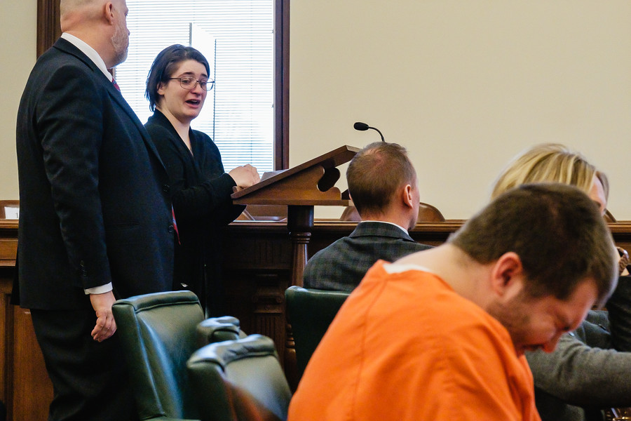 1st - Photographer of the Year - Small Market Vanessa Fraser-Parrott addresses her husband, Landon S. Parrott (wearing orange jumpsuit) during his sentencing hearing Thursday in Tuscarawas County Common Pleas Court. Judge Michael J. Ernest sentenced Parrott to life in prison for killing the couple's 14-month-old son, Kyler. Standing with Vanessa is Assistant County Prosecutor Scott Deedrick. (Andrew Dolph / The Times Reporter)