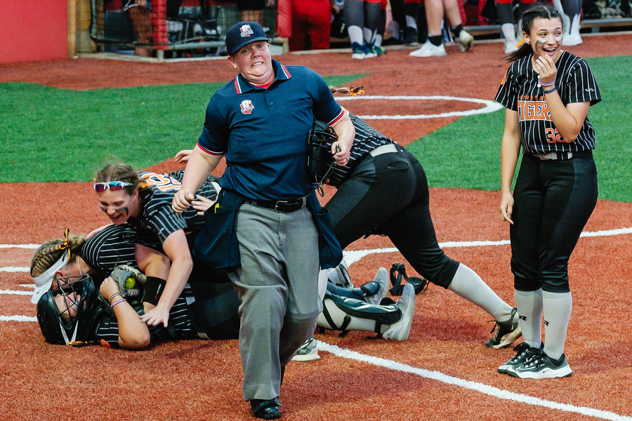 1st - Photographer of the Year - Small Market The Strasburg-Franklin High School softball team celebrates their  victory over Hopewell-Loudon in the OHSAA Division IV state softball championship game, Saturday, June 3 at Firestone Stadium in Akron. (Andrew Dolph / The Times Reporter)