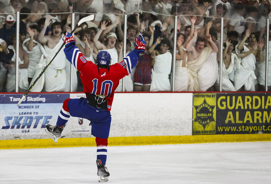 Award of Excellence - Ron Kuntz Sports Photographer of the Year St. Francis’ Drew Tucker celebrates their first goal during the high school hockey regional final at Tam-O-Shanter in Sylvania on Friday, March 3, 2023. Northview defeated St. Francis, 3-2.  (Rebecca Benson / The Blade)