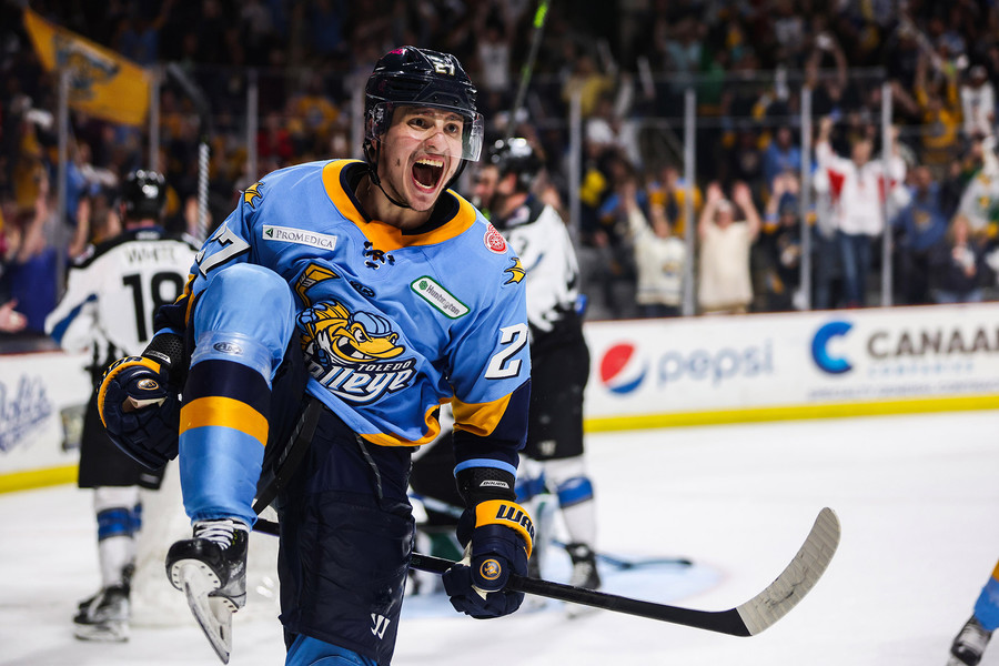 Award of Excellence - Ron Kuntz Sports Photographer of the Year Toledo’s Kirill Tyutyayev celebrates a goal during game three of an ECHL playoff hockey game at the Huntington Center in downtown Toledo on Wednesday, May 24, 2023. The Toledo Walleye defeated the Idaho Steelheads, 5-4.  (Rebecca Benson / The Blade)