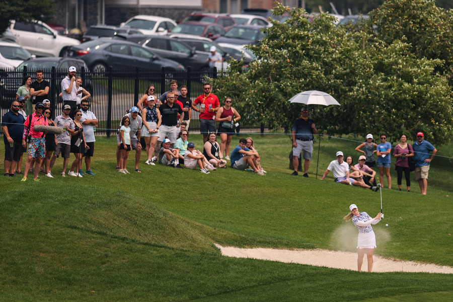 Award of Excellence - Ron Kuntz Sports Photographer of the Year Matilda Castren drives from the bunker on the ninth fairway during the final round of the Dana Open at Highland Meadows Golf Club in Sylvania on Sunday, July 16, 2023.  (Rebecca Benson / The Blade)